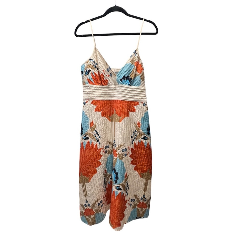 Aeve 100% Silk Floral Strappy Midi Dress with Orange and Blue Accents- Size 8